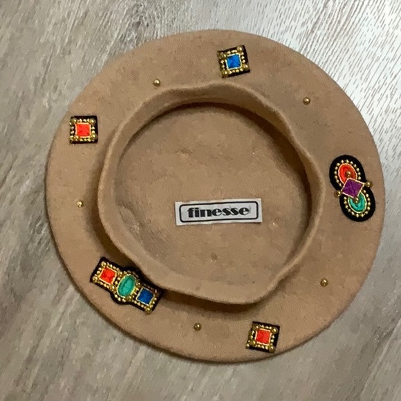 FINESSE ladies tan wool hat with beaded embellishments. - Picture 5 of 5